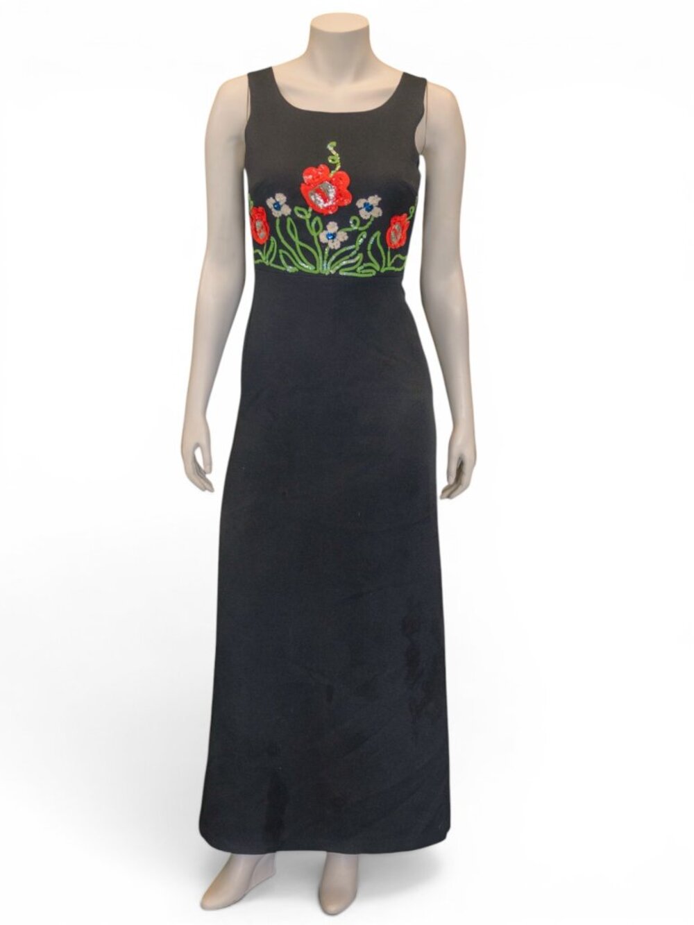 1960s Black Sequin Floral Maxi Gown Mod Evening Dress 